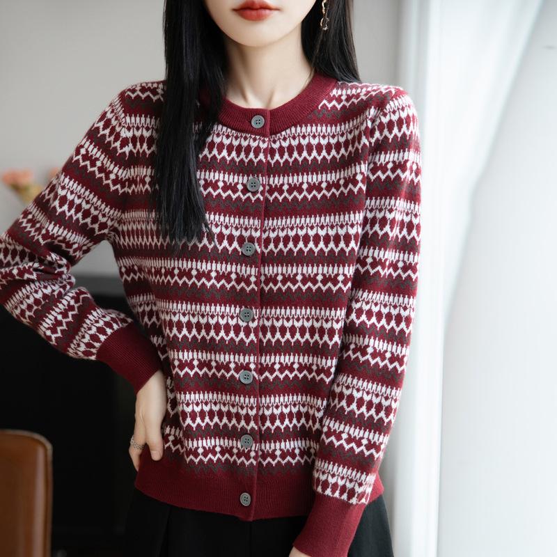 Cardigan de damă Fair Isle cu gât rotund, tricotaj larg - Palton pulover casual bloc de culoare Toamnă/Iarnă