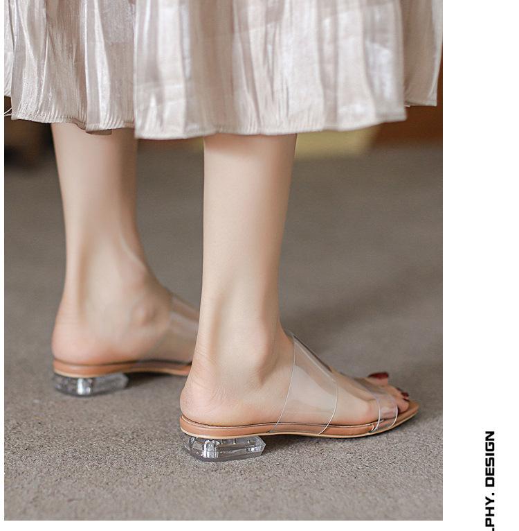 Transparent Sandals Women's Summer Outer Wear 2025 New Medium Heel Thick Heel Crystal Transparent High Heels One-word Belt Sandals Women's Shoes