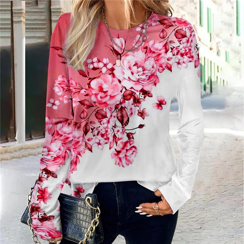 Floral Pattern Women Fashion Trend T-Shirts Spring Autumn Long Sleeve 3D Print Flower Street Ladies Tee 3XL Big Size Casual Tops