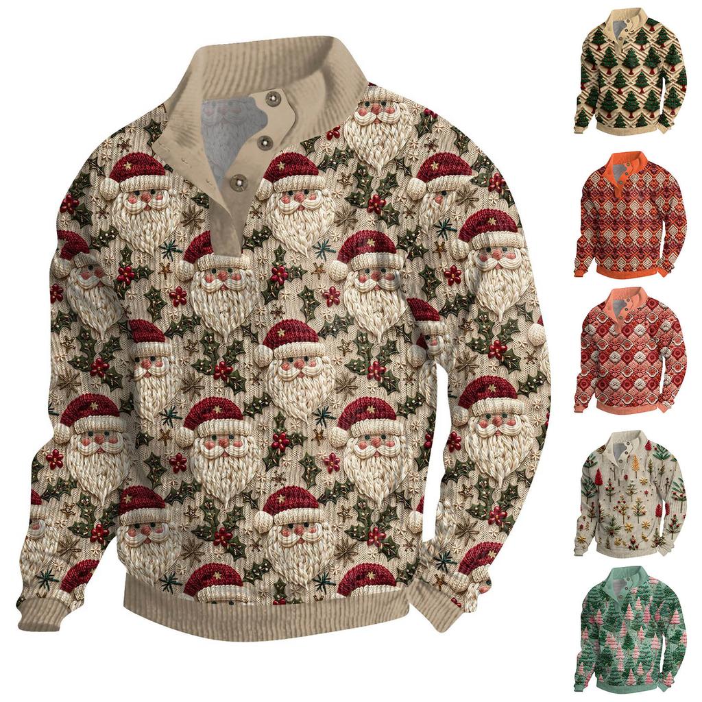 Herre Jul Bomull Genser Langermet Utendørsskjorte Vintage Kordfløyel Knapper Ståkrage Skjorte Casual Genser Juleprint Topp