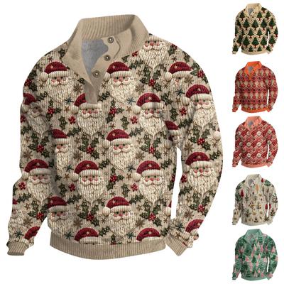 Men's Christmas Cotton Pullover Long Sleeve Outdoor Shirt Vintage Corduroy Button Stand Collar Shirt Casual Sweatshirt Christmas Print Top
