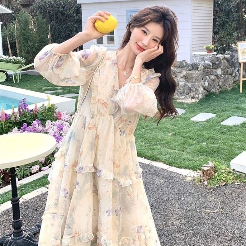 2026 Beautiful French Floral Knee-Length Summer Dress - Fairy Style