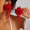 Accessories, colorful three-dimensional rose flower earrings, long fringed flower earrings with fresh fabrics