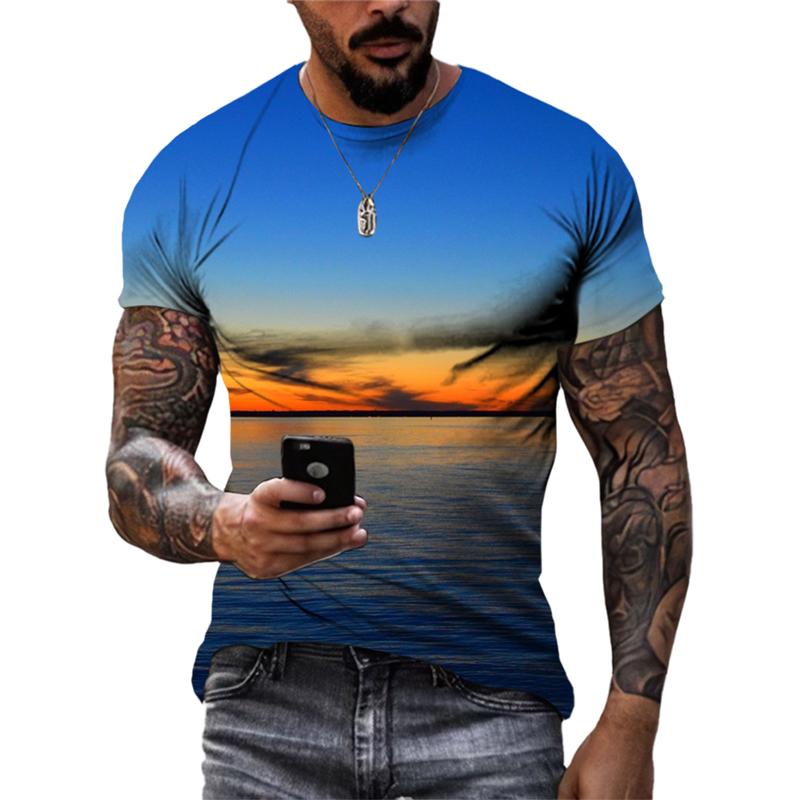 Sommersollys Havbølge Sand Casual Stil grafiske t-skjorter Mote Nye Menn Fritid Trykket Rund Hals Kortermet T-skjorter Topper