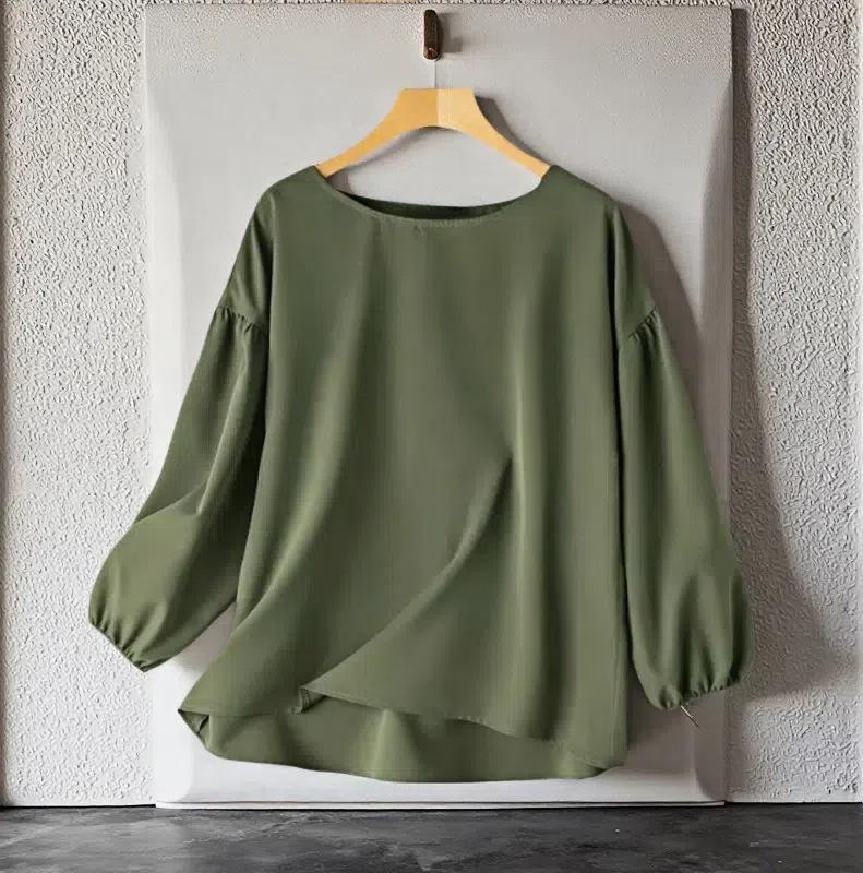 

Women s 2025 Loose Casual Solid Color Crew Neck Long Sleeve Bubble Sleeve Top Extra Large армия зеленый