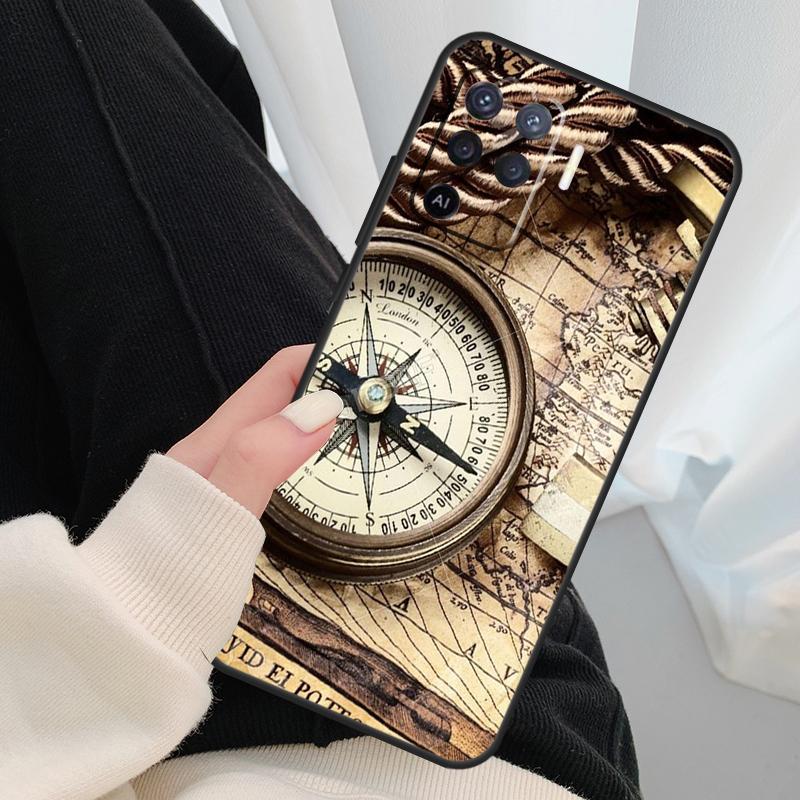 World Map Compass Nautical Case For Oppo A54 A74 A94 A18 A57 A17 A77 A38 A58 A78 A98 A80 A60 A40 A96 A76 A16 A15 A5 Pro