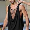 Men Low Cut Swing Collar Sleeveless Mesh Patchwork Long Tank Tops Pajamas