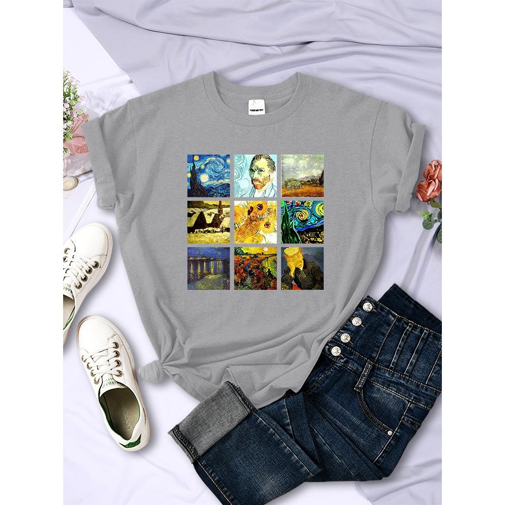 Van Gogh Works Sanskrit Printed Female Tops Breathable Casual T Shirts Fashion Short Sleeve Women Crewneck Street Tshirt