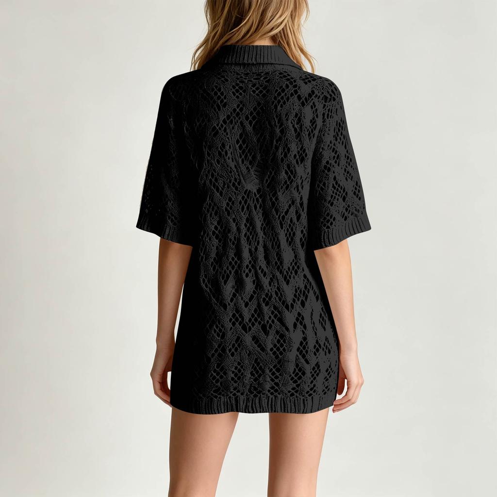 Casual V Neck Collared Short Sleeve Loose Fit Hollow Knit Mini Dress Lightweight Breathable Summer Wear
