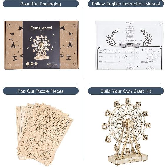 Rowood 3D Puzzles for Adults, Model Kits for Adults, Wooden Music Box,DIY Craft Kits for Adults Teen Boy Gifts on Birthday Christmas - Ferris Wheel