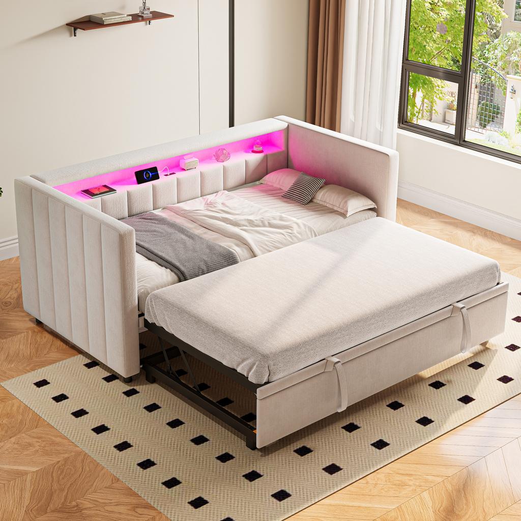 Sofá cama multifuncional 90x190 cm con cama extraíble, puerto USB-C, ambiente LED, funda de terciopelo – para salón, habitación de invitados o habitación juvenil. Beige