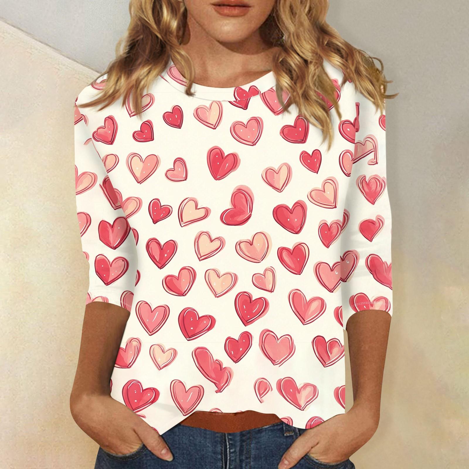 

Женская повседневная свободная футболка с круглым вырезом и принтом ко Дню святого Валентина с рукавами три четверти L бежевый