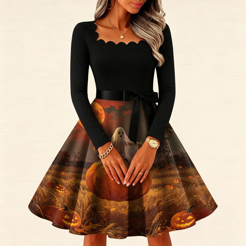 Women's Vintage Long Sleeve Square Neck Dress with Halloween Print for Party Evening Wear