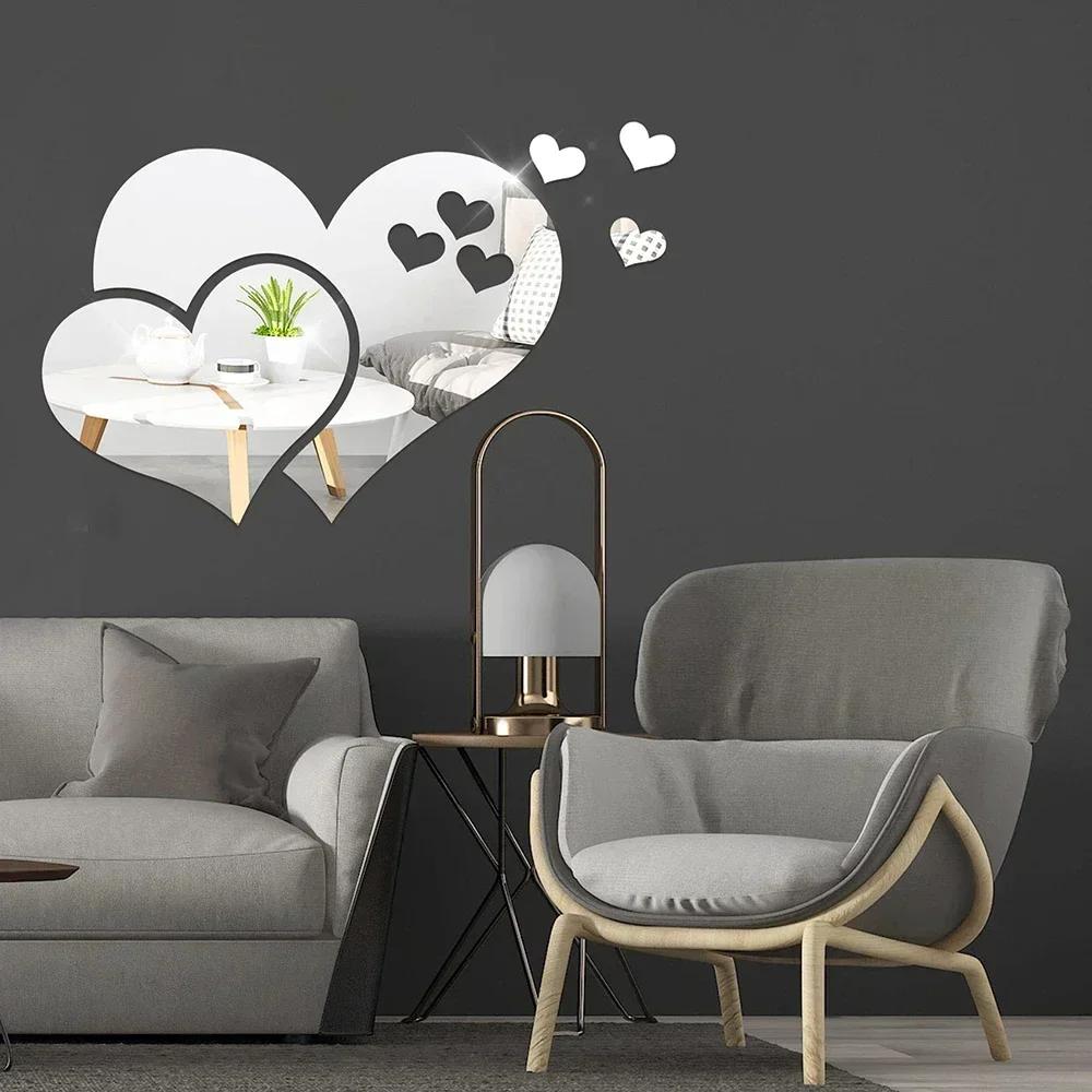 3D Glass Mirror Wall Stickers Hearts Fashion DIY Decals Self-adhesive LOVE Wedding Background Home Room Decoration Wallpaper