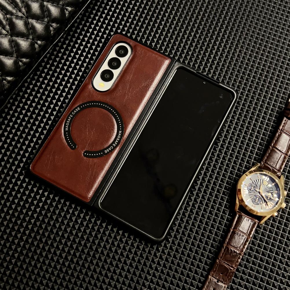 Retro Plain Vegan Leather Pattern With Magnetic Ring Case For Samsung Z Fold 7 Galaxy Z Fold 6 5 4 3 Hard Camera protect Cover For Galaxy Z Fold 7