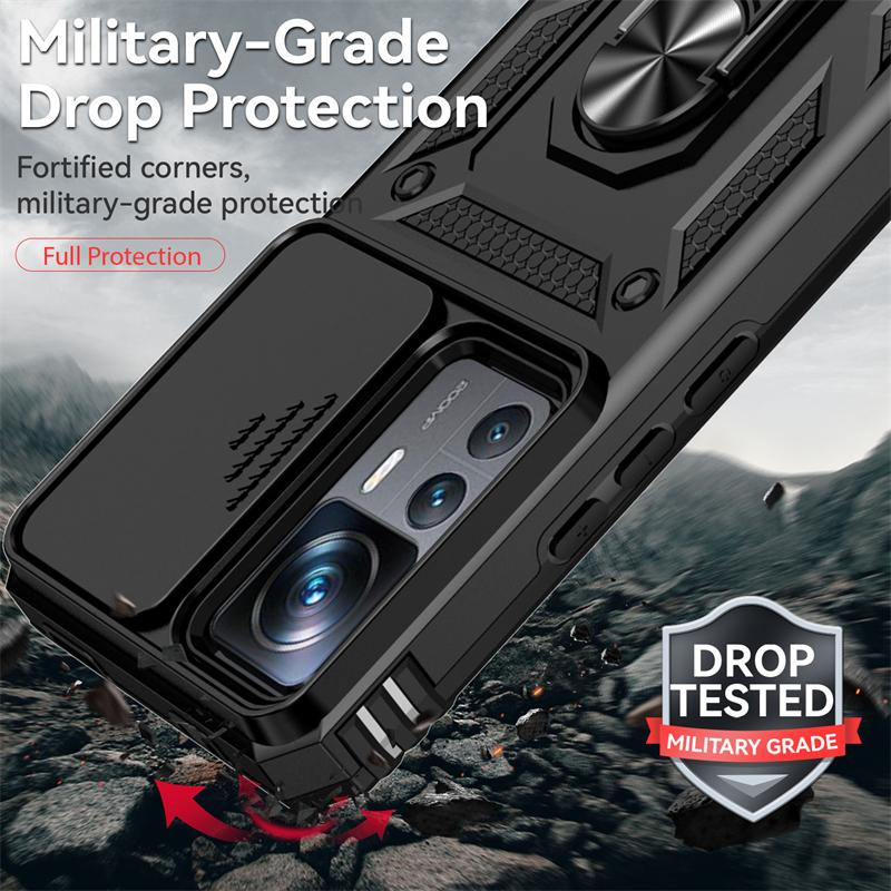 Pour Coque Xiaomi 12T Pro Étui Anneau Support Magnétique Coques de Téléphone Pour Xiomi Xiaomy Mi12T Mi 12T 12 T Pro Coulissant Caméra Armure Coque Arrière