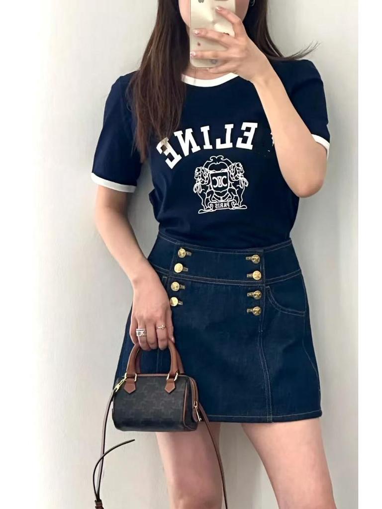 Spring/Summer Women's CE Style Cotton Knit Letter T-Shirt - Short Sleeve, Casual, Versatile.