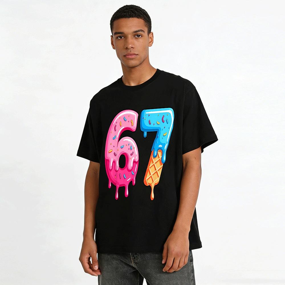 Fun Dripping Number 67 Ice Cream Donut Graphic Casual Tee Pure cotton T-shirt