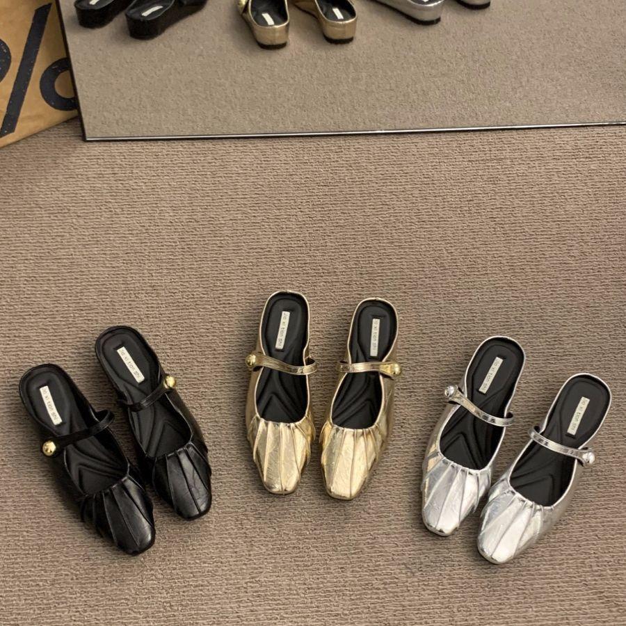 Silver bag head half slippers women's shoes wear 2025 new summer French Mary Jane half a word with single shoes