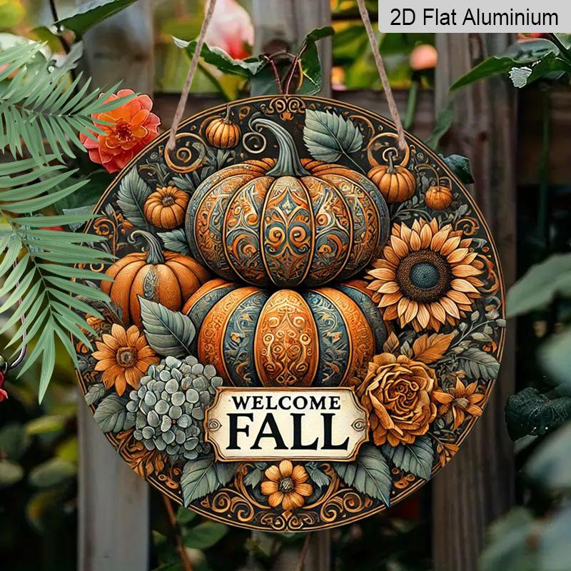 2D Flat, 1pc Vintage Autumn Harvest Metal Wall Sign - Fall Welcome Plaque with Corn, Wheat & Grain Stalks, Aluminum Outdoor/Indoor Decor Suitable for