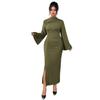 Round-neck High-waisted Dress Solid Color Flared Sleeves Hip-hugging Slit Dress Slimming Pleated Long Dress