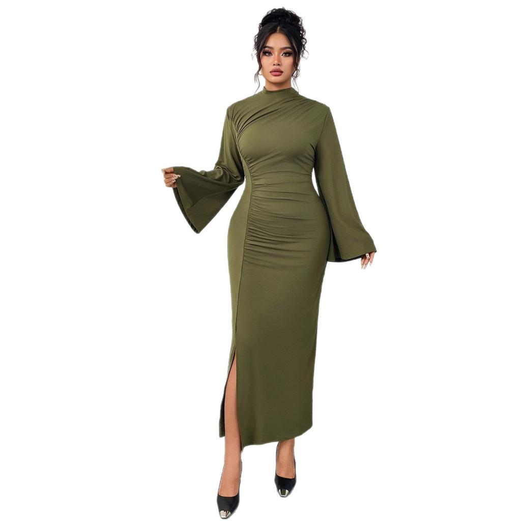 Round-neck High-waisted Dress Solid Color Flared Sleeves Hip-hugging Slit Dress Slimming Pleated Long Dress