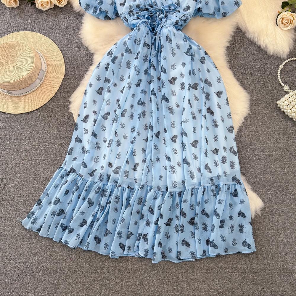 Fashion Dress for Women V Neck A-line Flounced Edge Printing Chiffon Vestidos Lace-up Folds Lining Dresses Summer