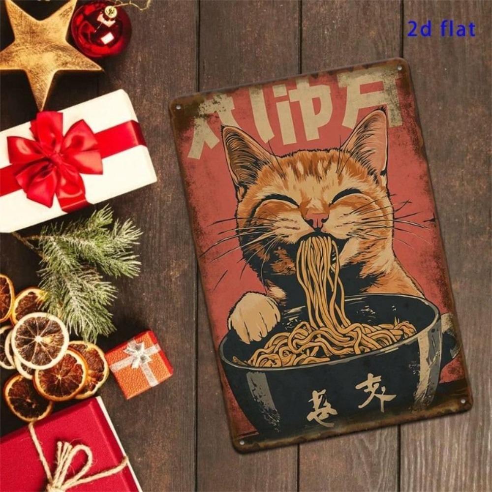 Vintage Metal Poster Wall Art Retro Cat Ramen Noodle Japanese Kitchen Decor