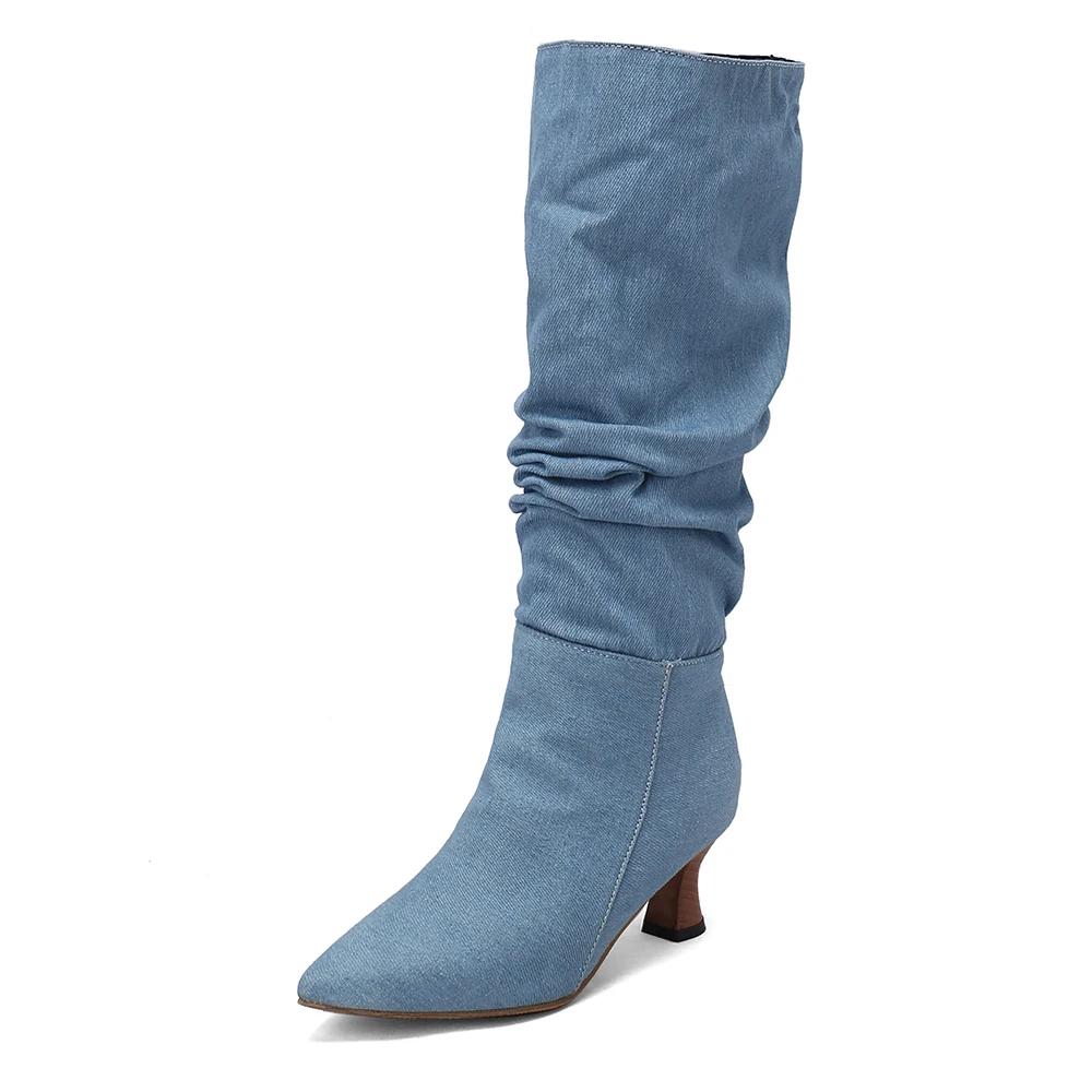 Retro Pleats Thigh High Boots for Women Autumn Thick Heeled Pointed Toe Cowboy Boots Woman Slip On Western Long Botas Mujer