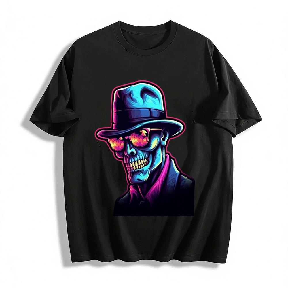 Neon Skull Gentleman Print Cool Casual Short Sleeve T-Shirt Pure cotton T-shirt XXS
