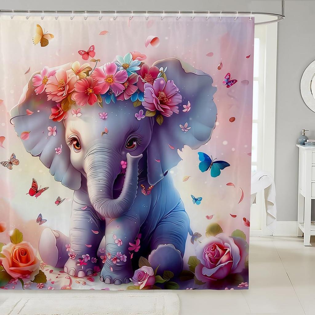 Boys Girls Pig Bath Curtain Cartoon Pigs Shower Curtain Kids Cute Farm Animal Bathroom Shower Curtain Set Butterfly Sunflower