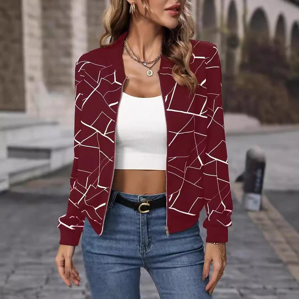 European and American Spring New American Retro Line Printing Jacket Zipper Jacket Temperament Commuter Women's Baseball Jersey MD3