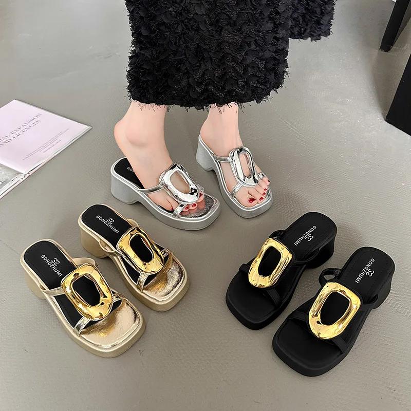 Fashion 2024 Summer New Hollowed Out Gold Buckle High-heeled Slippers with Socialite Style Gold Wedge Heel High-heeled Slippers