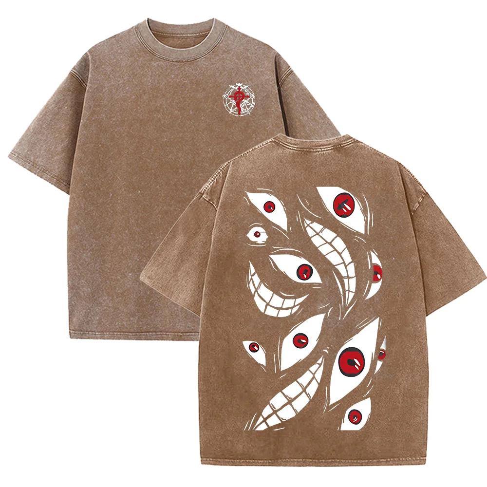 2026 Vintage Washed Black Dark Horror Eye Graphic T Shirt Distorted Grin Monster Print Oversized Men Casual Short Sleeve Tee