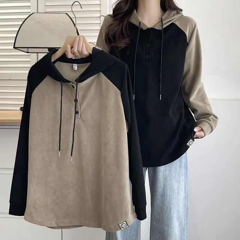 Sweatshirt for Women Cotton Oversize Loose Casual Pullove Vintage Drop-Shoulder Color-Block Hooded Long Sleeve Top Sweatshirt