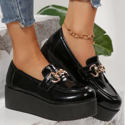 Moda Elegantes Zapatos Mocasines de Tacón Grueso para Mujer Detalle Metálico Negro Zapatos de Cuña Mujer Primavera Otoño Mocasines de Cuero PU Zapatos para Señoras