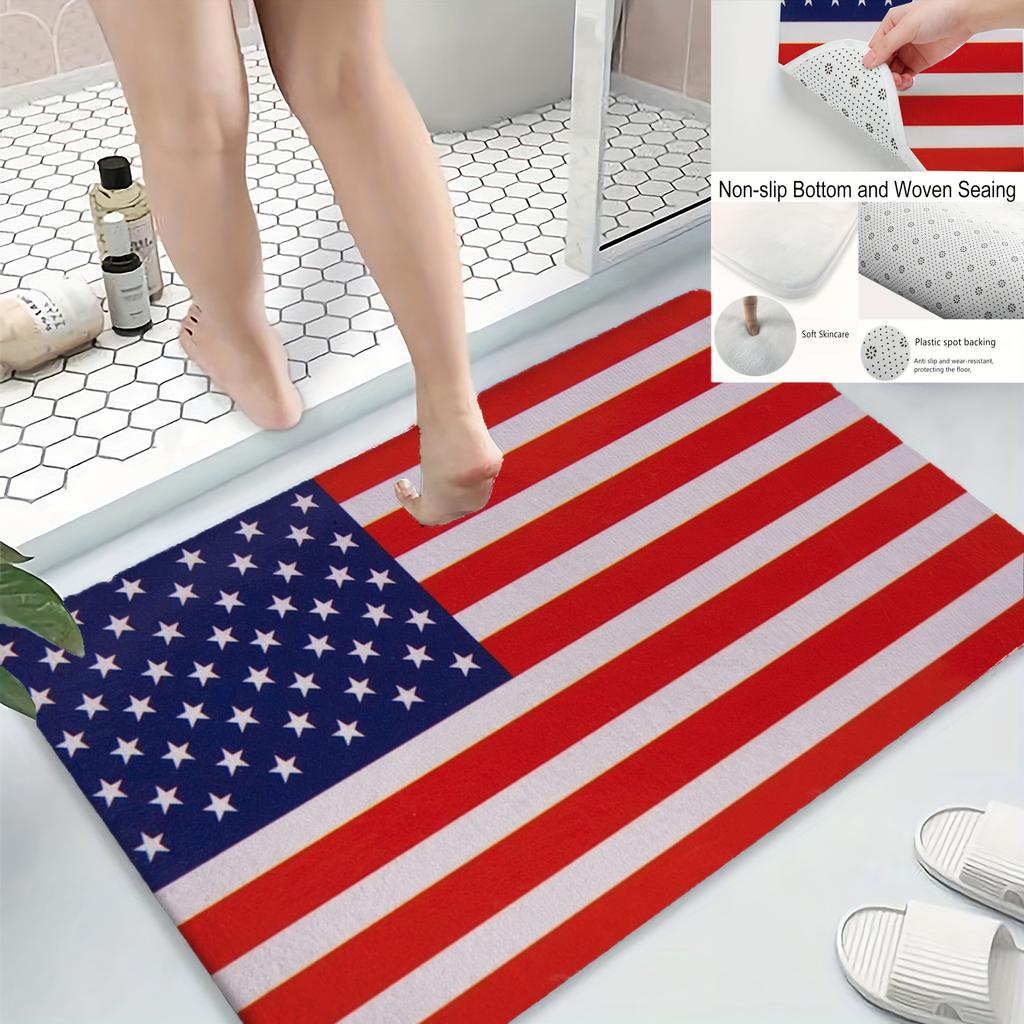 American Flag Striped Bath Mat, Non-Slip Flannel Memory Foam Rug, Patriotic Design for Bathroom Shower Entrance,Machine Washable