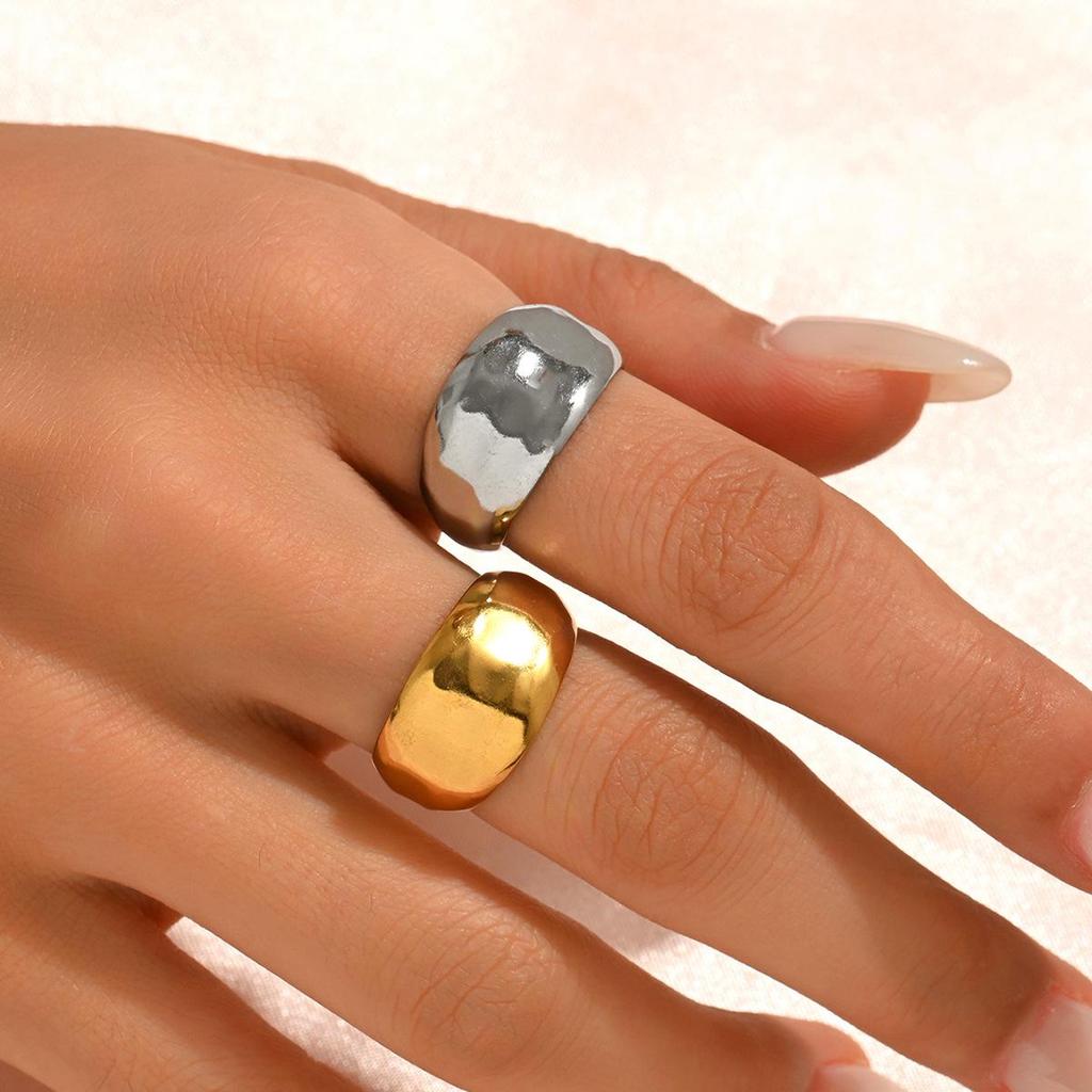 Retro Geometric Stainless Steel Wide Band Ring with Irregular Facet Texture