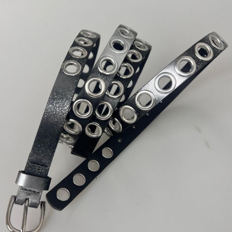 Punk Large Eyelet Waist Belt Fashionable Gradient Silver Gray Waistband for Women Party Wear Extra Long Slim Design Belt
