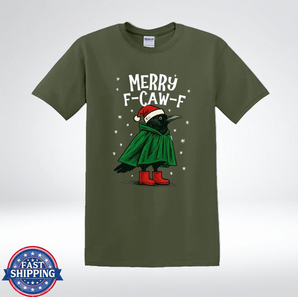 Merry F-CAW-F Funny Crow Christmas Holiday Humor T-Shirt L