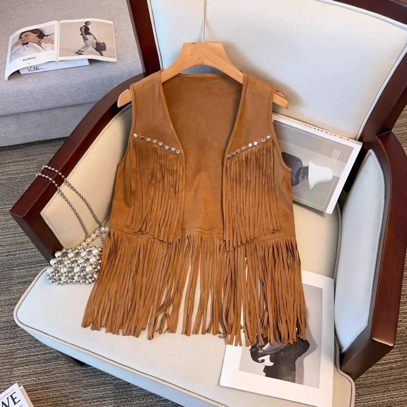 Women s Summer Ethnic-Style Vintage Cardigan with Fringe Vest Design Simple Sleeveless Jacket XXS