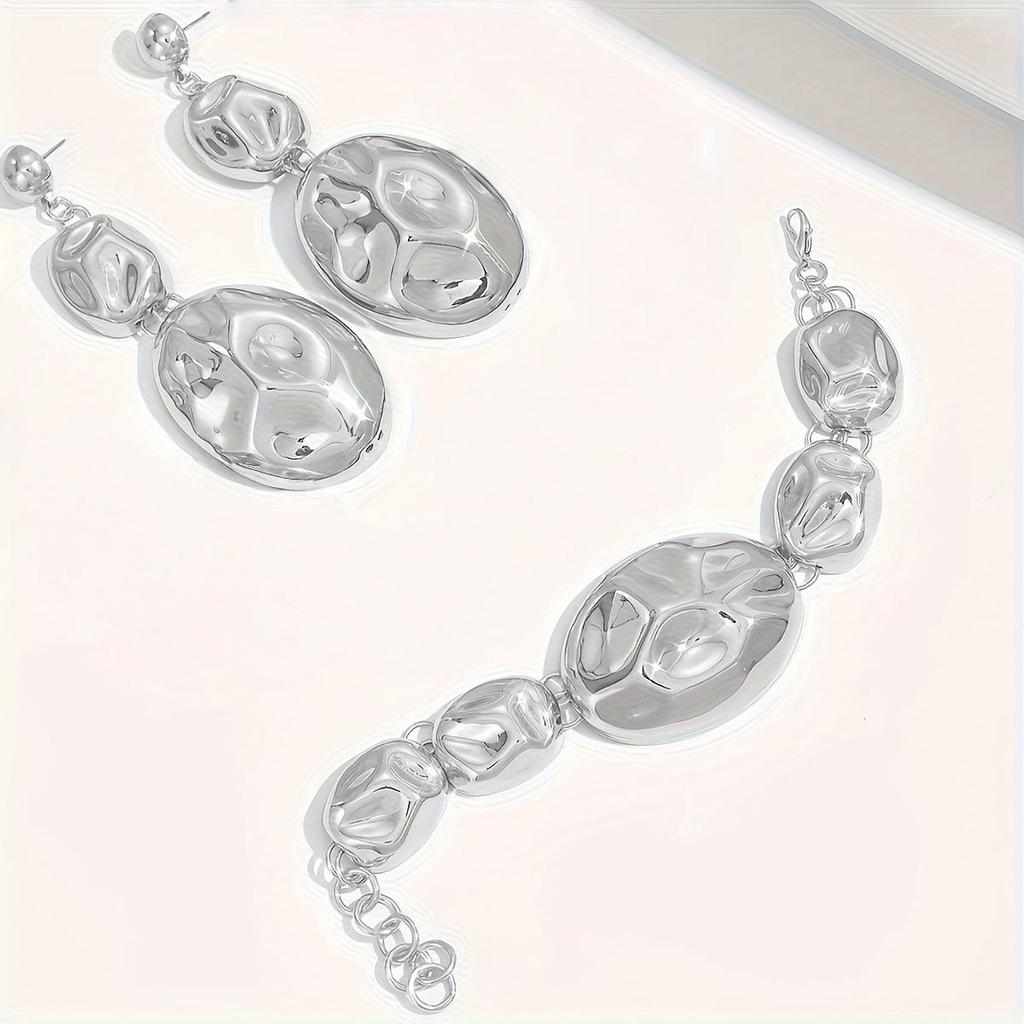 Elegant Oval Pleated Jewelry Set: Irregular Glossy Pendant Earrings & Necklace
