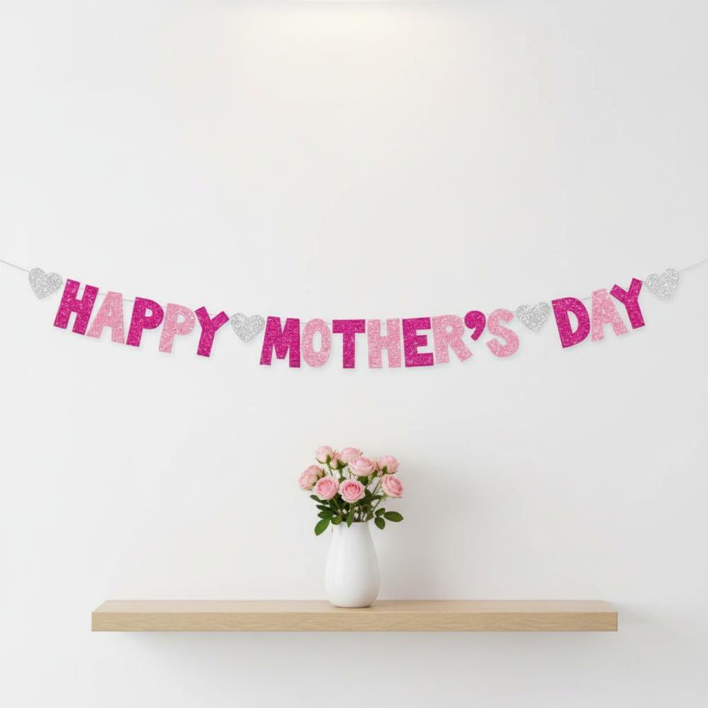 Joyful Mother's Day Banner Easy to Hang Mother's Day Glitter Banner Holiday Decoration Premium Cardstock Party Supply