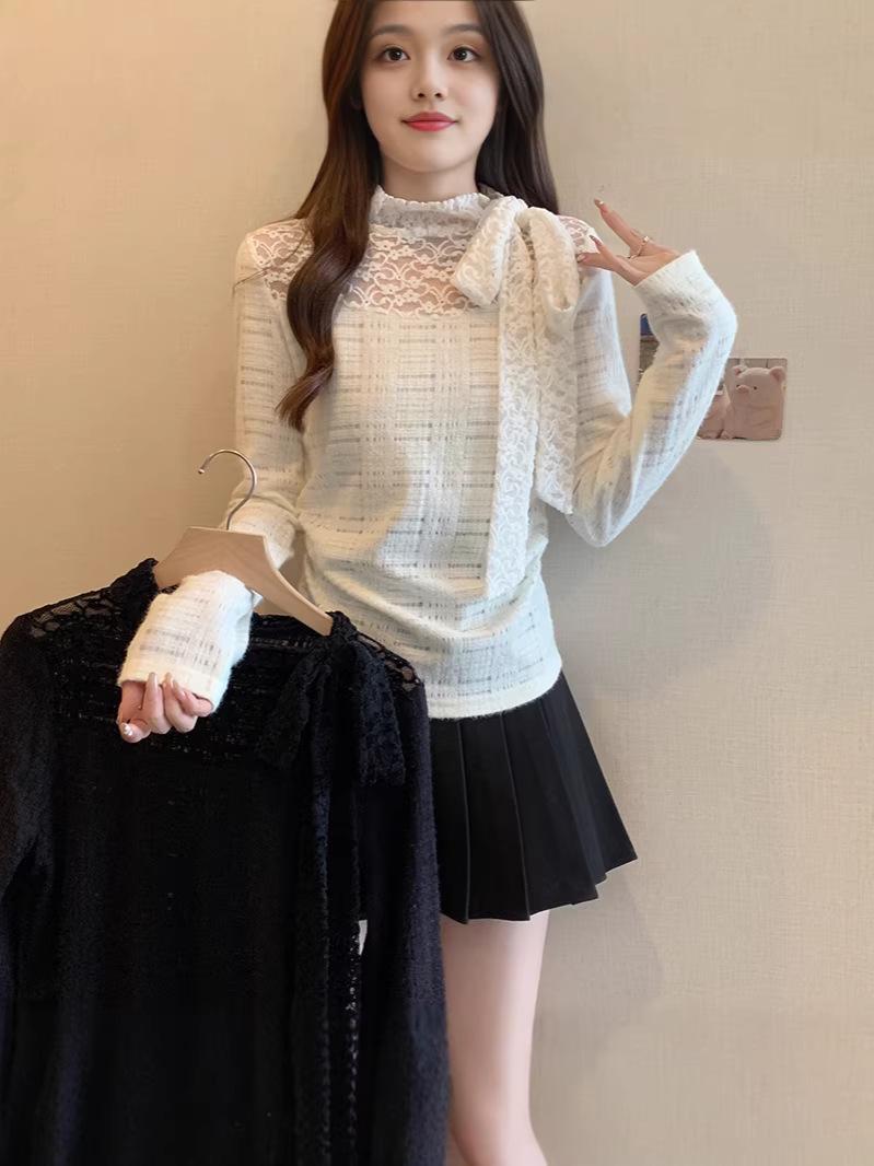 2026 Spring Plus Size Sweet Lace-Up Slim Fit Long Sleeve Women s Top 4XL