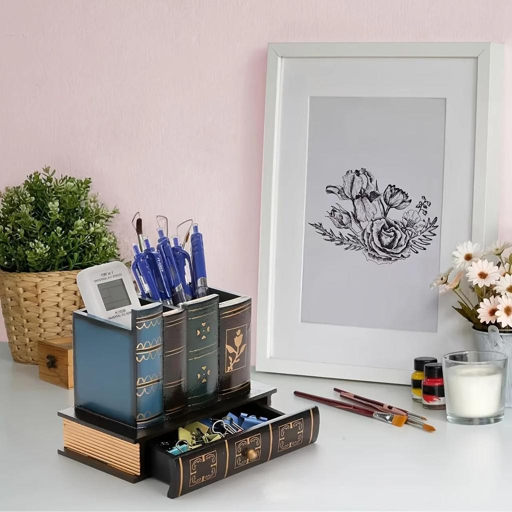 Dekorativer Stifthalter mit Aufbewahrungsschublade, Hölzerner Stiftehalter und Organizer, Arbeitsplatte, für Schreibtisch, Tisch