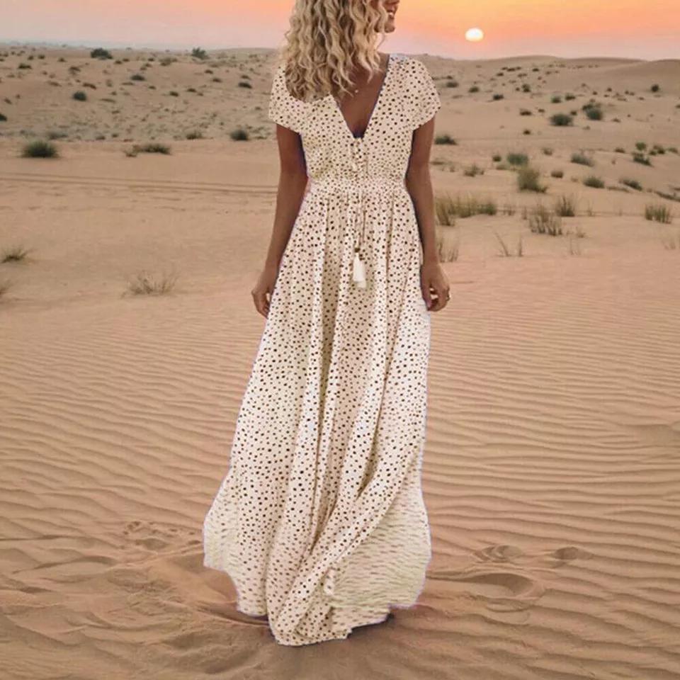 Summer Women's Beach Holiday V Neck Long Maxi Dress Ladies Boho Holiday Sundress
