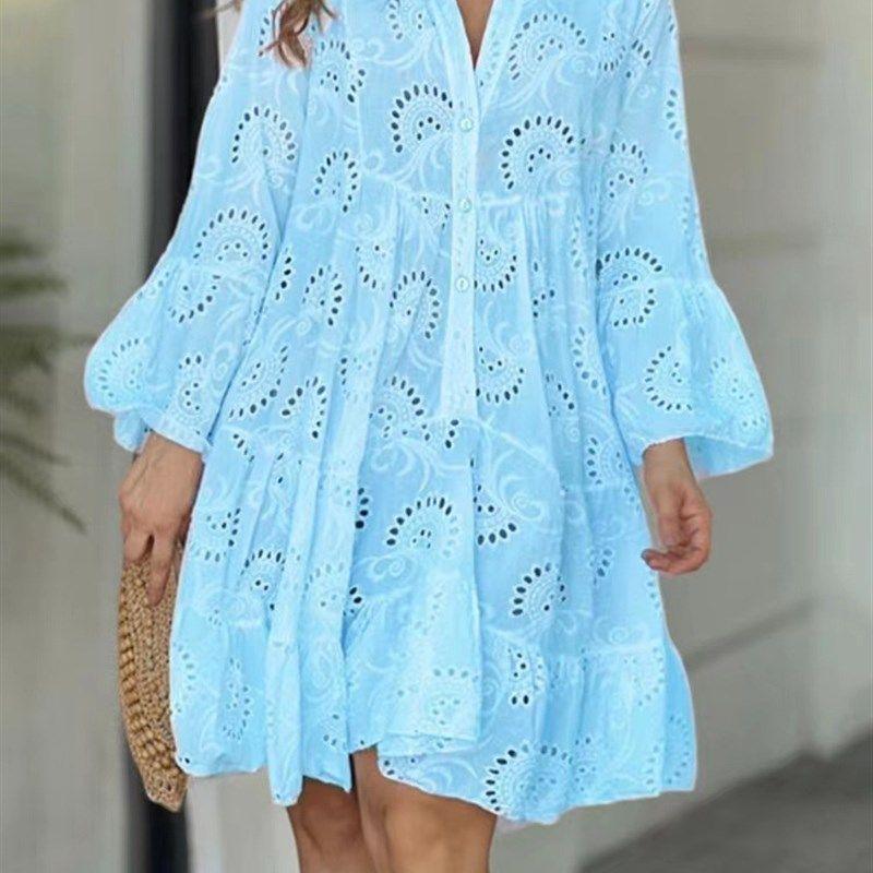 Cross Border Solid V-neck Embroidered Hollow Lace Dress