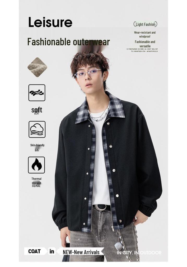 Men's Plaid Patchwork Two-Piece Look Jacket, Spring/Autumn 2026, Plus Size Loose Lapel Outerwear