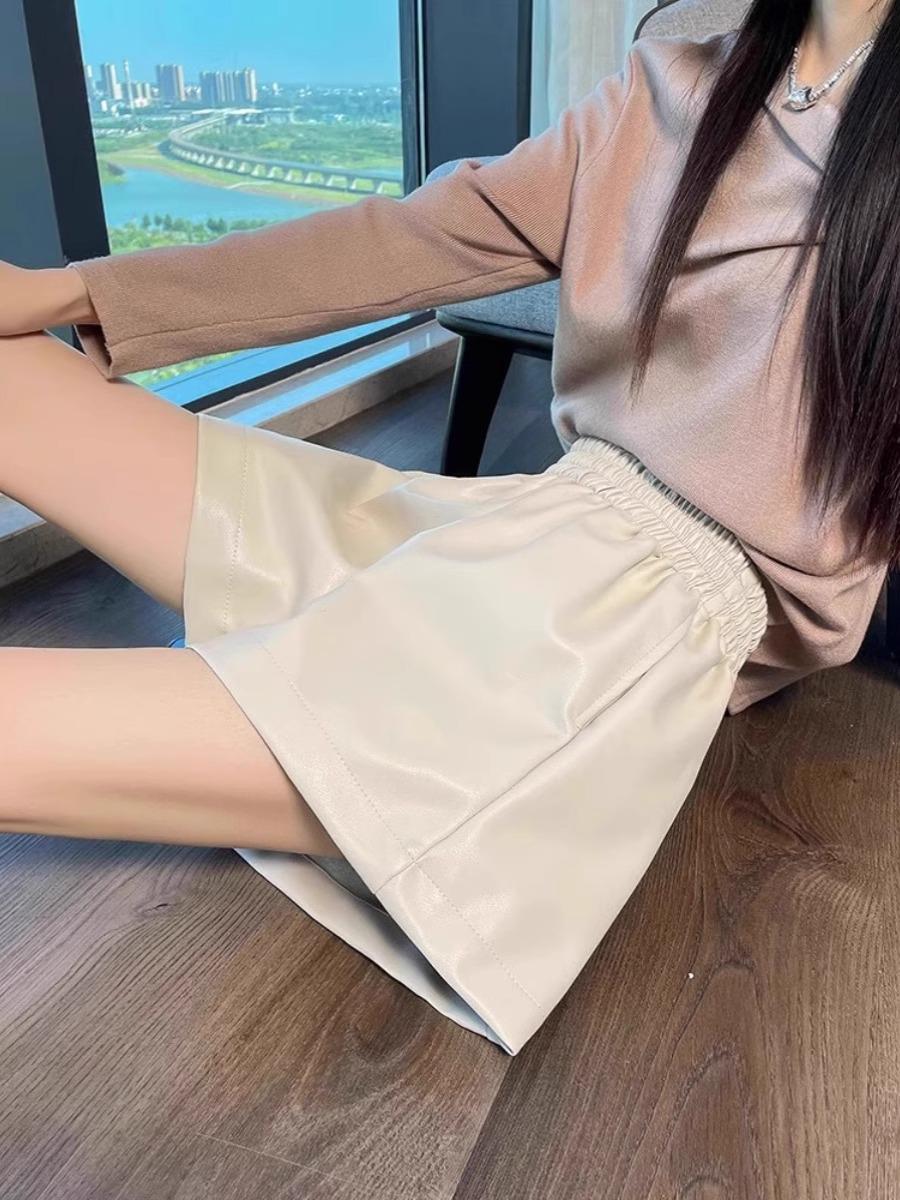 

Женские шорты А-силуэта из ПУ-кожи с высокой посадкой, Осень/Зима 2024: Стройнящий, Широкие брюки, Маленький рост, Корейский стиль 5XL абрикосовый