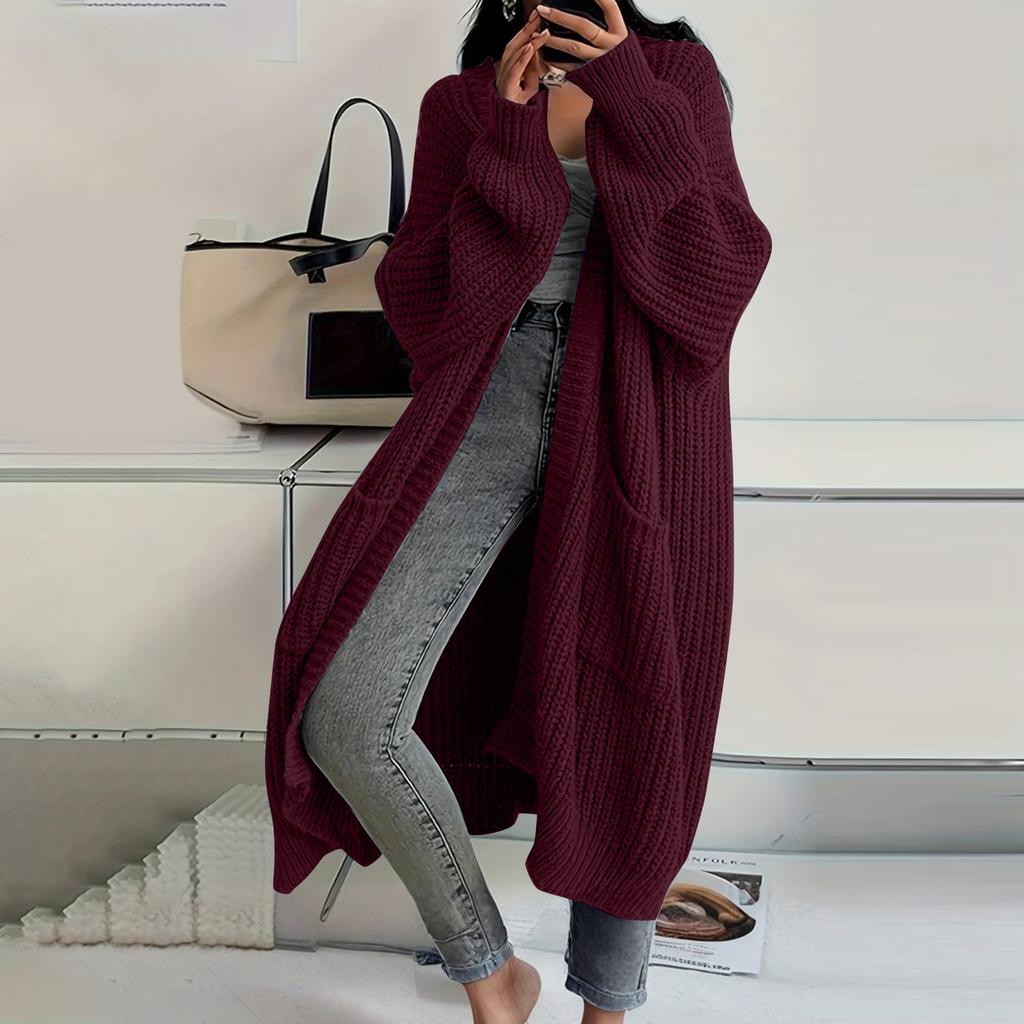 Women's Solid Color Long Sleeved Knee Length Knitted Cardigan, Lazy Trend, Medium Long Hair Jacket